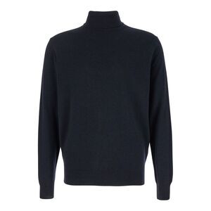 Plain Men Dark Blue Turtleneck Sweater In Merino Wool And Silk Blend Man